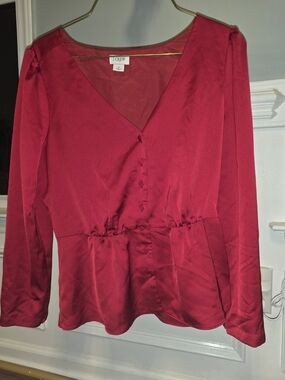 J. Crew Women's Red V-Neck Button Front Peplum Blouse